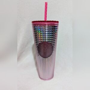 Starbucks 2023 Iridescent Bubblegum Grid Pink Silver Cold Cup 24oz Venti Tumbler